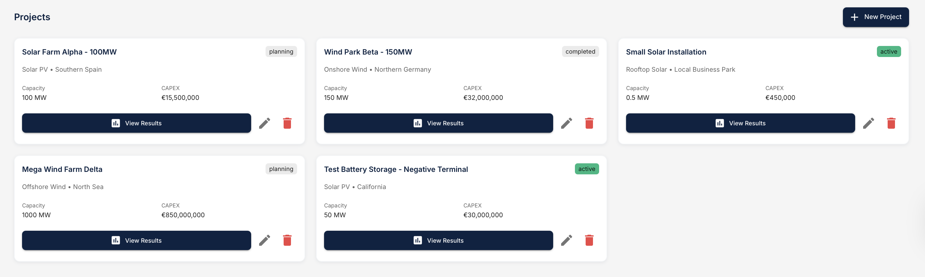 CapexEdge projects overview showing multiple investment projects with status tracking